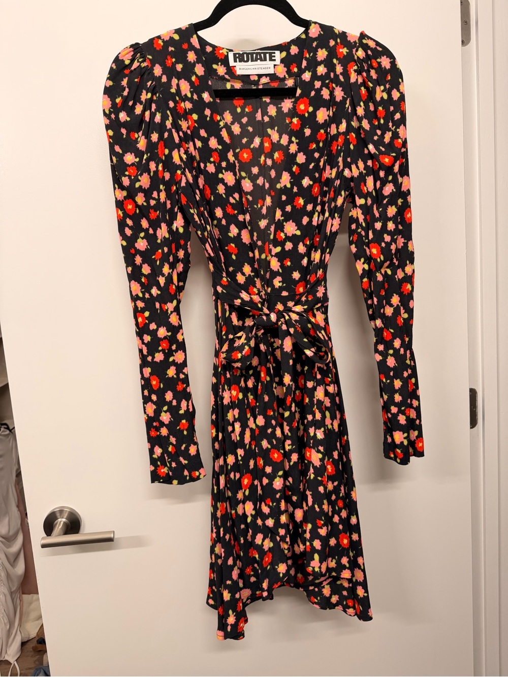 Rotate Black Floral Wrap Dress with Pink & Red Blooms